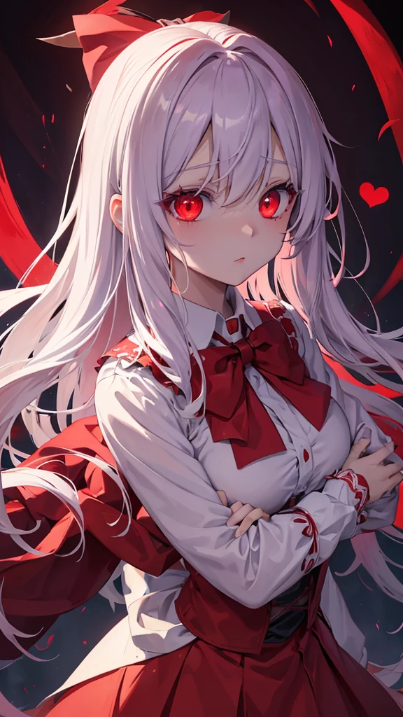 Anime girl with blood in her eyes and a bow tie, gapmoe Yandere, gapmoe Yandere grimdark, With eyes that glow red, Yandere, Red eyes glow, My eyes are completely red, Devil Anime Girl, portrait gapmoe Yandere grimdark, My eyes are completely red no pupils, With red eyes, Bloody Eyes, Yandere intricate, 