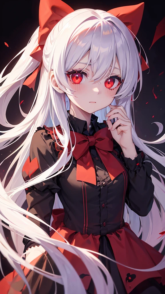 Anime girl with blood in her eyes and a bow tie, gapmoe Yandere, gapmoe Yandere grimdark, With eyes that glow red, Yandere, Red eyes glow, My eyes are completely red, Devil Anime Girl, portrait gapmoe Yandere grimdark, My eyes are completely red no pupils, With red eyes, Bloody Eyes, Yandere intricate, 