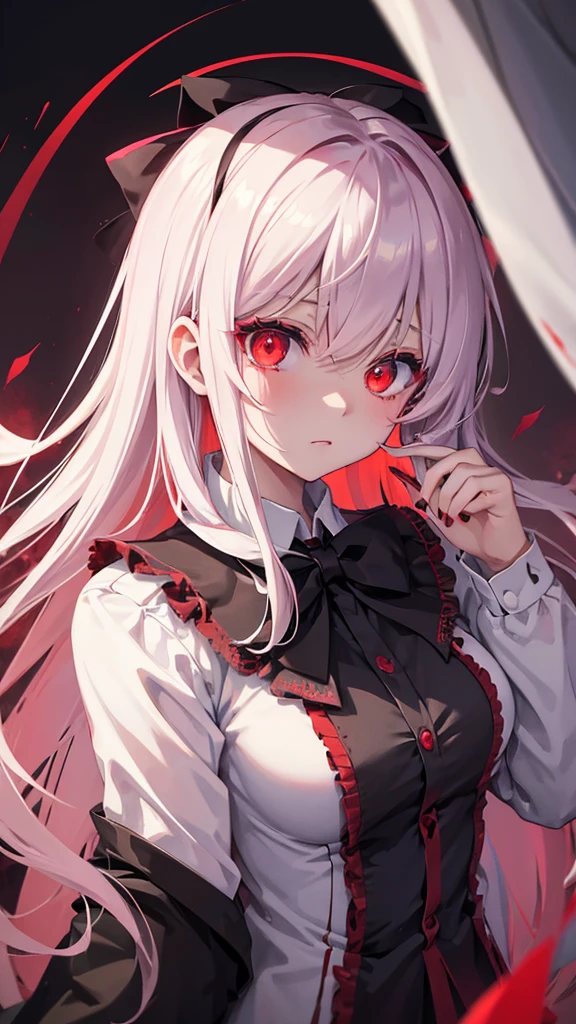 Anime girl with blood in her eyes and a bow tie, gapmoe Yandere, gapmoe Yandere grimdark, With eyes that glow red, Yandere, Red eyes glow, My eyes are completely red, Devil Anime Girl, portrait gapmoe Yandere grimdark, My eyes are completely red no pupils, With red eyes, Bloody Eyes, Yandere intricate, 