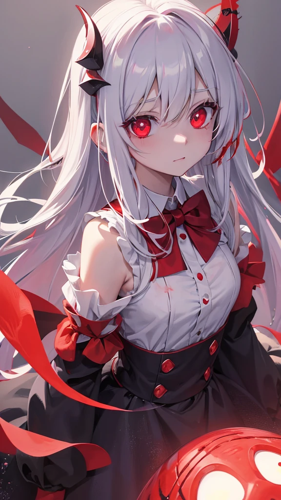 Anime girl with blood in her eyes and a bow tie, gapmoe Yandere, gapmoe Yandere grimdark, With eyes that glow red, Yandere, Red eyes glow, My eyes are completely red, Devil Anime Girl, portrait gapmoe Yandere grimdark, My eyes are completely red no pupils, With red eyes, Bloody Eyes, Yandere intricate, 