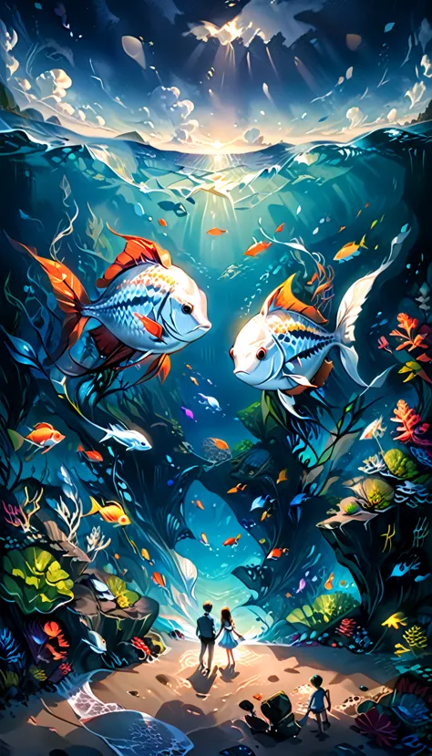 A cute fish with long and slender body silver shiny scales couple on a date in the dark depths of the sea, deep ocean life, fant...
