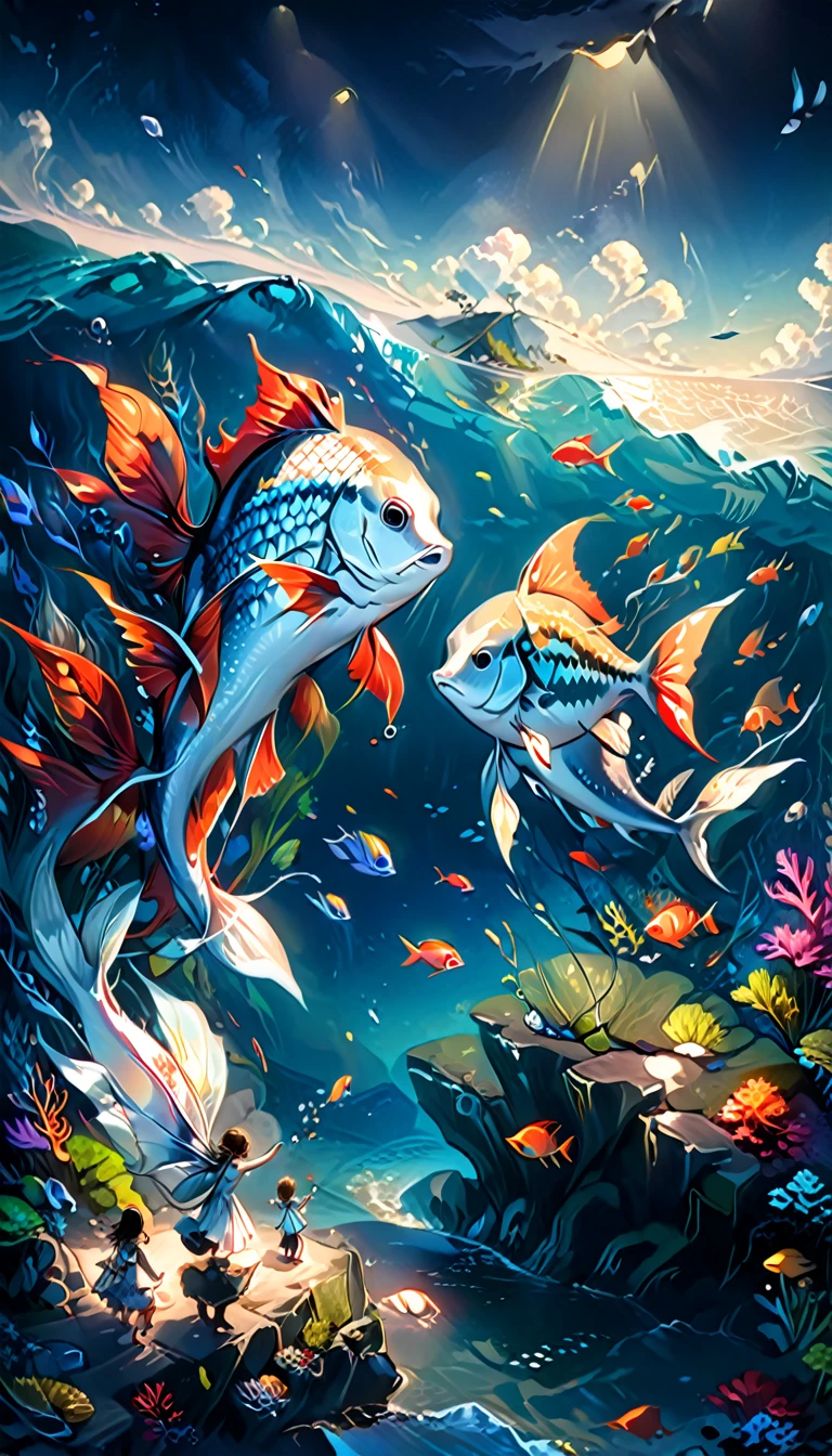 A cute fish with long and slender body silver shiny scales couple on a date in the dark depths of the sea, deep ocean life, fantasy, children's storybook illustration,vibrant colors,detailed lighting, dramatic shadows, whimsical,highly detailed,digital art,concept art,4k,8k,photorealistic,masterpiece,ultra-detailed