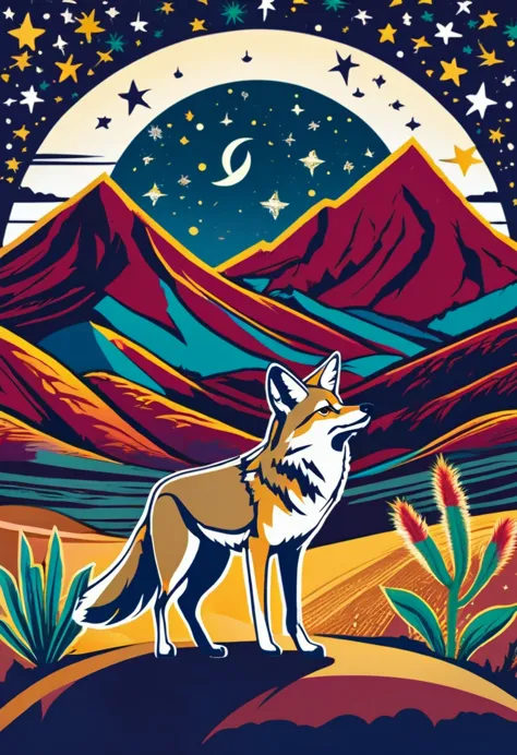 (((coyote howling in a dark desert landscape with lots of plants, stars, and mountains on the wall movie poster, movie poster il...