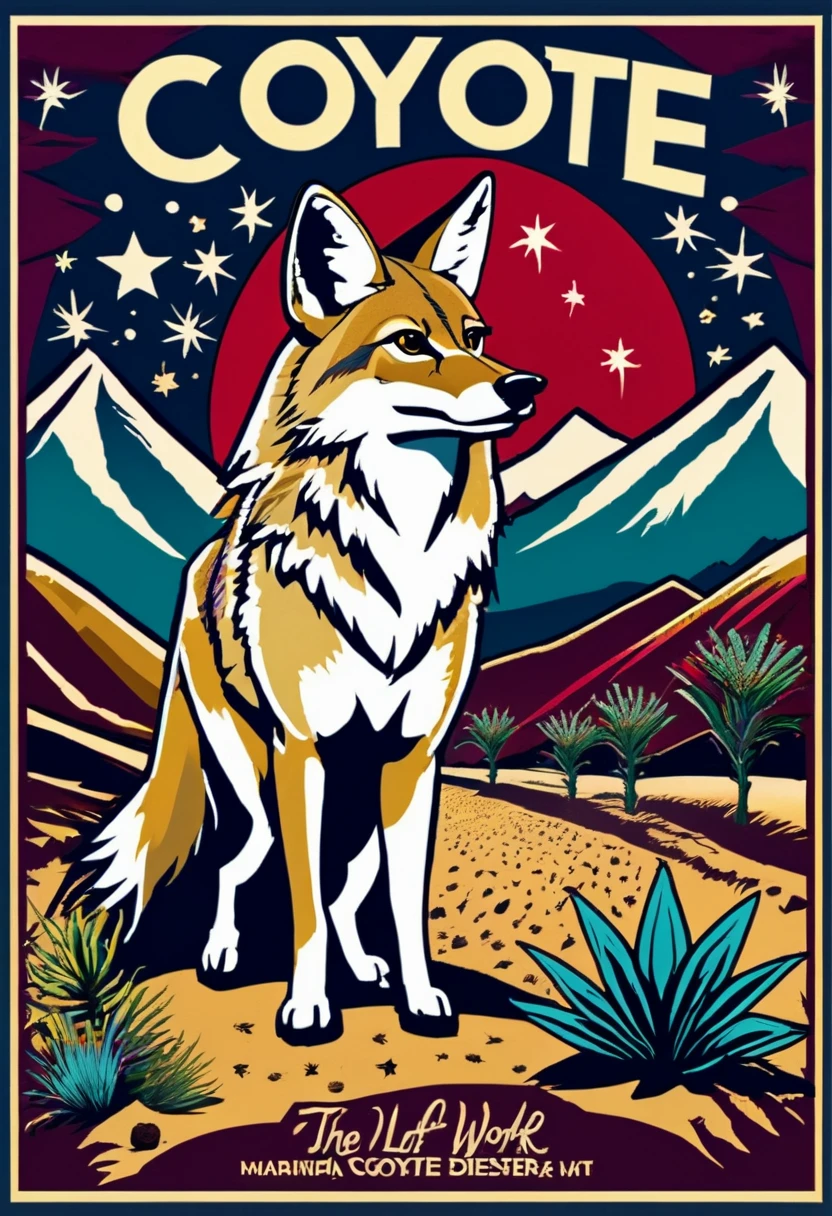 (((coyote howling in a dark desert landscape with lots of plants, stars, and mountains on the wall movie poster, movie poster illustration and the story it represents true work of art:1.3))) intricate details of its fur surrounding, (((rich colors:1.3))), landscape are captured in a stunningly realistic style, use of bold lines and vibrant colors brings, (((wine red and gold plate logo "Coyote FB" on it.)))