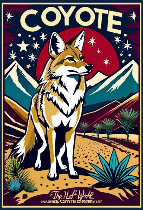 (((coyote howling in a dark desert landscape with lots of plants, stars, and mountains on the wall movie poster, movie poster il...