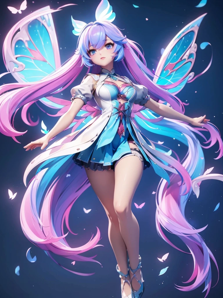 Seizo Watase style, Simple Line Initialism，Abstract art, 3d character, colorful hearts ,(((The most beautiful girl of all time))),  (full body 1.2), only girl, very long hair, bufferfly and sky background, 25 year old, full body, (((8k))), (((3d)), blue and pink hair, Large butterfly wings on the back, moon,  one hand raised above,  Arms spread horizontally,