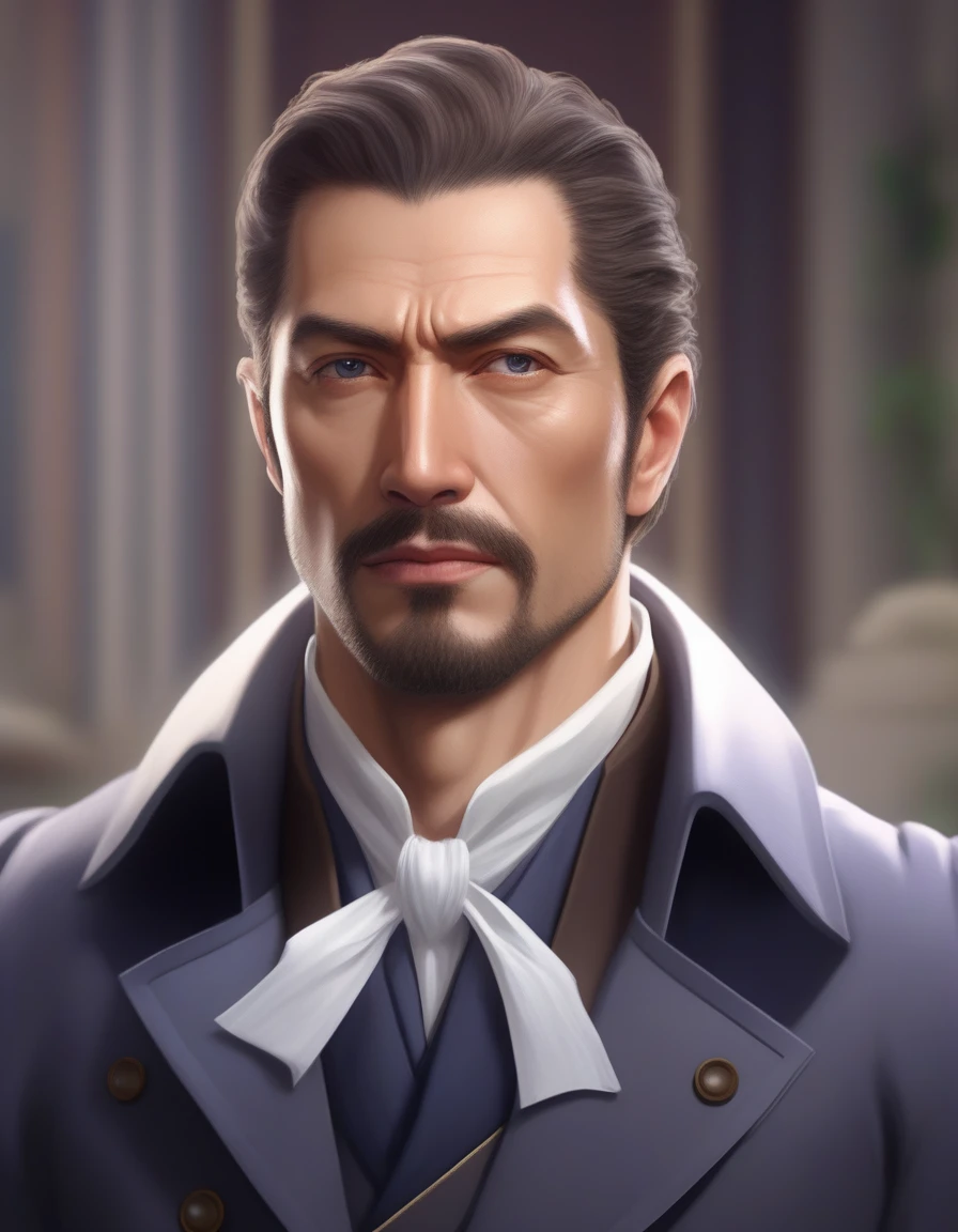 1man, mature male, parted bangs, medium-short hair, brown hair, muscular male celeb, short goatee, short mustache, indigo eyes, gentleman, elegant netori male, BREAK solo, white collared shirt, gray trench coat, black neck ribbon, in gentle sasaki style, visual novel, 2010s, extreme all detailed, masterpiece, best quality