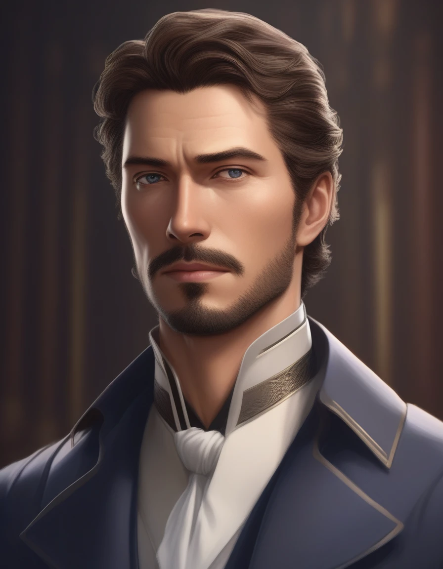 1man, mature male, parted bangs, medium-short hair, brown hair, muscular male celeb, short goatee, short mustache, indigo eyes, gentleman, elegant netori male, BREAK solo, white collared shirt, gray trench coat, black neck ribbon, in gentle sasaki style, visual novel, 2010s, extreme all detailed, masterpiece, best quality