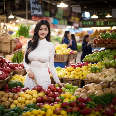 ((big breasts, beautiful breasts, standing in the middle of the market with many people around, 8k quality photo with good detai...