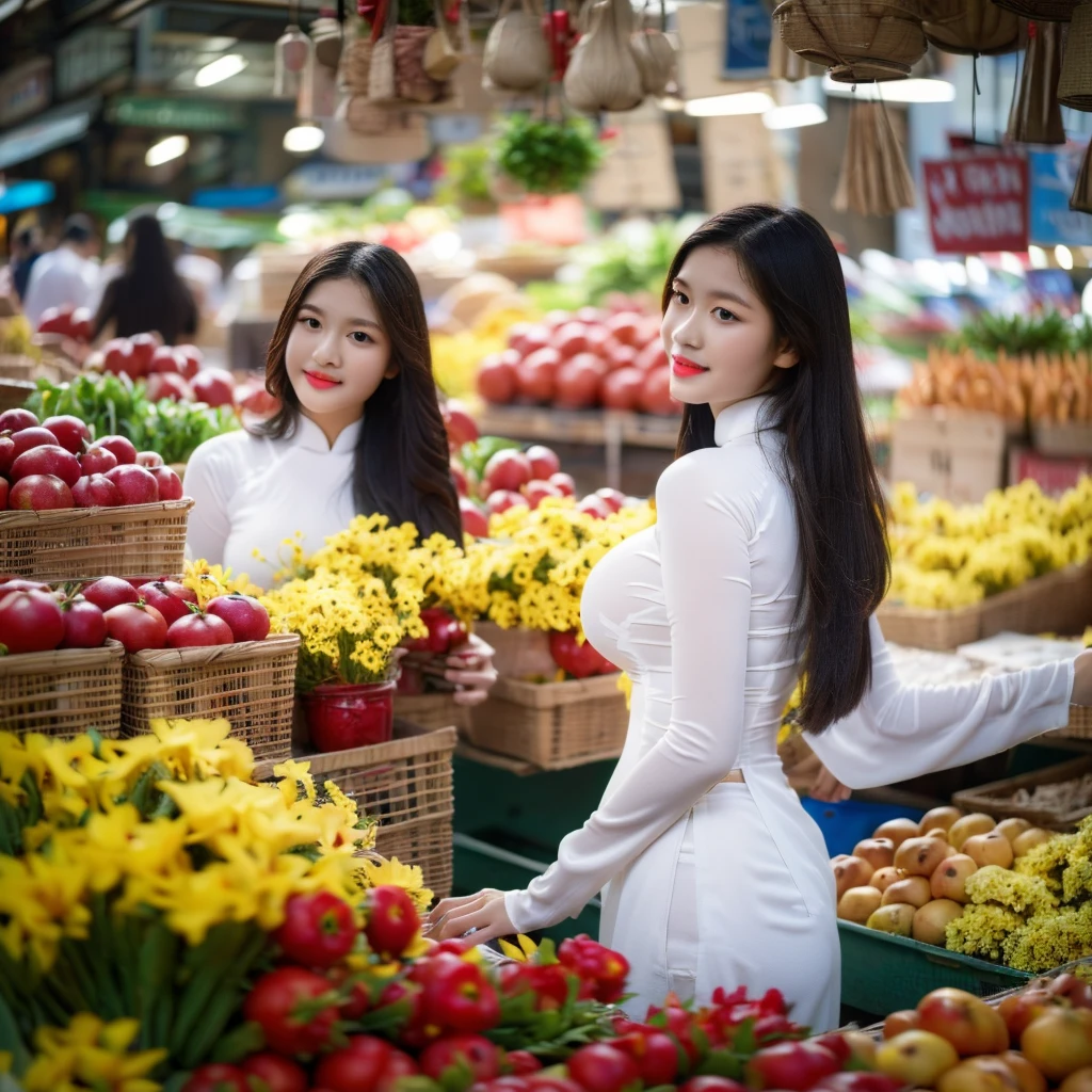 ((Ao Dai, big breasts, beautiful breasts, standing in the middle of the market with many people around, 8k quality photo with good details))