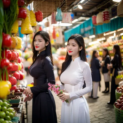 ((Ao Dai, big breasts, beautiful breasts, standing in the middle of the market with many people around, 8k quality photo with go...