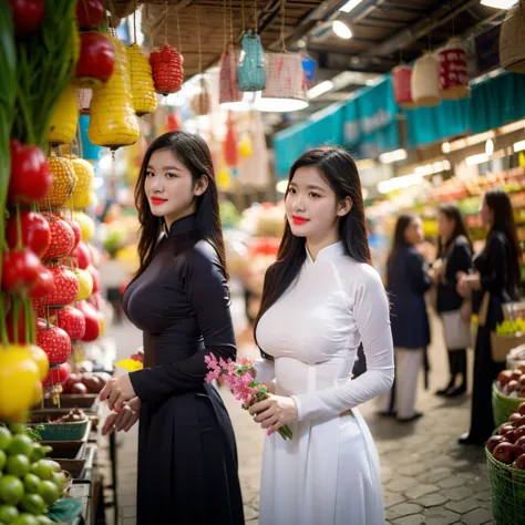 ((ao dai, big breasts, beautiful breasts, standing in the middle of the market with many people around, 8k quality photo with go...