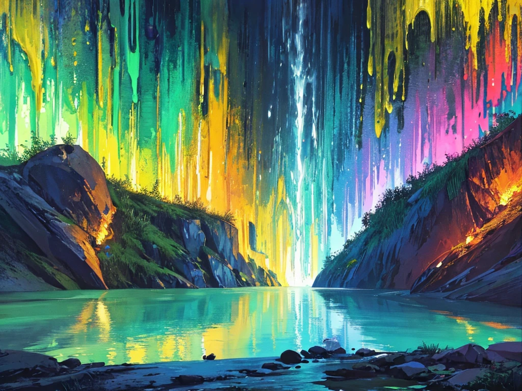 Painting of a waterfall with a rainbow in the middle of it, rainbow river waterfall, with trees and waterfalls, ethereal rainbows, forest and waterfall, just one rainbow 8 k, rainbow, beautiful digital painting, cascading iridescent waterfalls, fantasy painterly style, stunning digital painting, with waterfalls and river, magical forest backround, an endless waterfall, wash technique, colorful, a painting with dripping and scattered paint, Soft Illumination, high quality, master piece