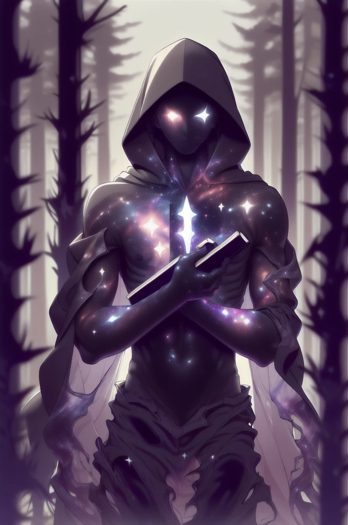 dark celestialskin body , void cosmic body, colored skin, flat color, jet black skin, a white cloak, hood on, holding an open book infront of him, silhouette,1boy, 
portrait, upper body,in a forest , front view, holding a book, a flying book, flying pages.