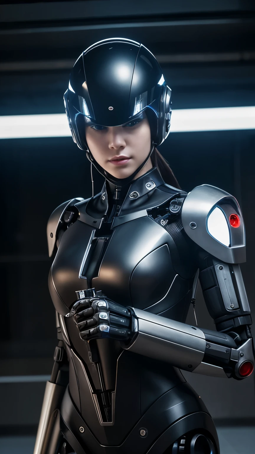 Mechanical armechanical legs、Has a helmet-shaped electronic brain、Face and body are black－Human、A female robot、Exposed metal bolts and wires－、C－The do can be seen from outside.、Dressed like a hitman、laser－Holding a gun in hand、Protecting the body with protective clothing、