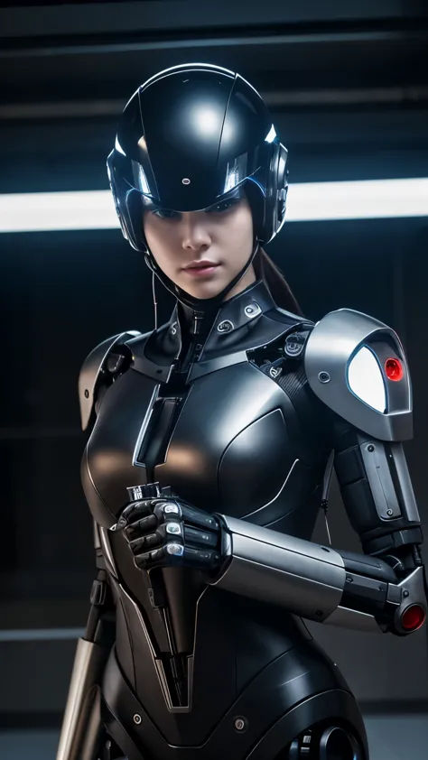 mechanical armechanical legs、has a helmet-shaped electronic brain、face and body are black－human、a female robot、exposed metal bol...