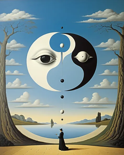 Lao Tzu, ying yang symbol - surreal style, surreal artwork, dream like, salvador dali style, René Magritte style, highy detailed...