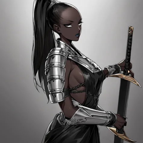 A woman with black skin, no hair. She is bald, except for a long, straight ponytail at the back of her head, with a piece of met...