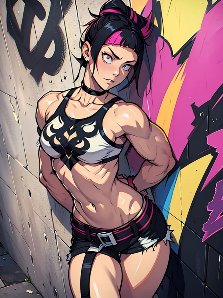 Juri Han,Masterpiece, Best Quality, 1girl, report, crop-top, jean shorts, Choker, (graffiti:1.aint splatter, (Hands Behind Your Back), Against a wall, looking a viewer, A bracelet, thigh strap, Paint on the body, tilt of head, bored, fiery hair color, Rainbow-colored eyes,juri han,olhar malvado
