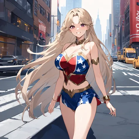 a woman wearing a wonder woman uniform from marvel, uniform with the colors of the united states, beige hair, long hair, burgund...