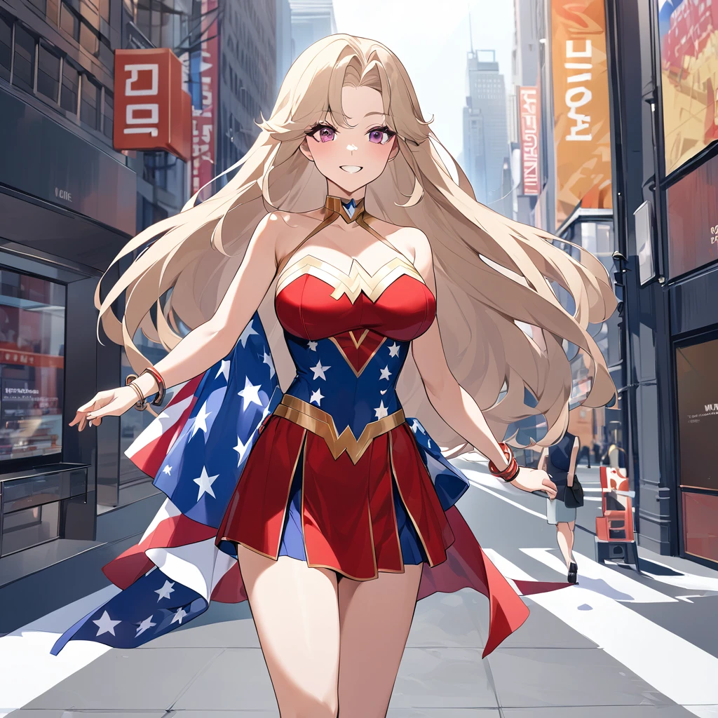 A woman wearing a Wonder Woman uniform from Marvel, uniform with the colors of the United States, beige hair, long hair, burgundy eyes, large breasts, exposed shoulder, gold bracelet, smiling, standing, walking on a concrete sidewalk in New York City, view of the building in the background, daytime location.
.(woman alone)