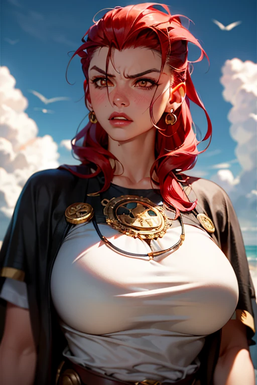 Girl with wavy red hair and rebellious, ((hair slicked back)), (angry eyes), ((dark circles around eyes)), golden eyes and tanned skin, ((ancient roman)) pirate style, (gigantic breasts), background with clouds, realistic manhwa style.