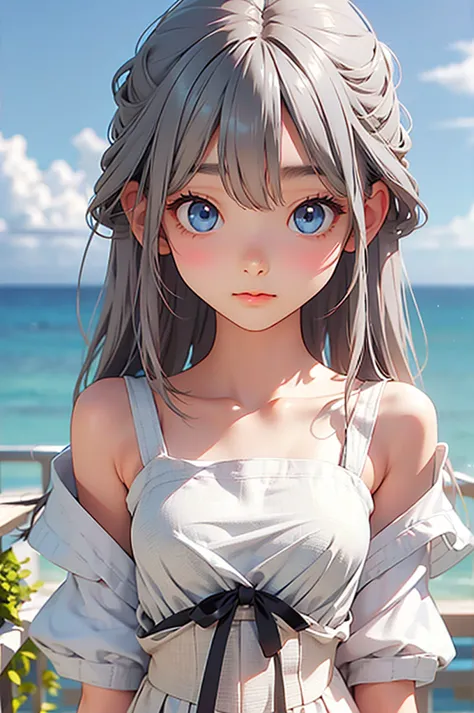 highest quality、Realistic、girl、Silver Hair、Light blue eyes、Long Hair、Light blue dress、Tanned black body、A well-trained body、Tan ...