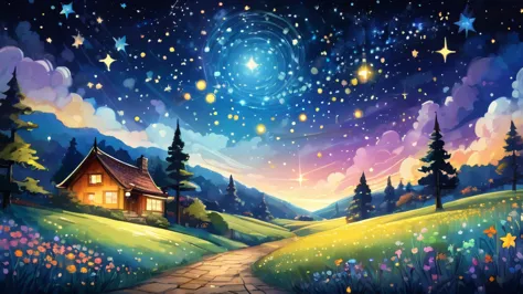 (A large close-up of a shining starry sky in the center):Small stars scattered in the night sky、looks happy,An illustration,pop,...