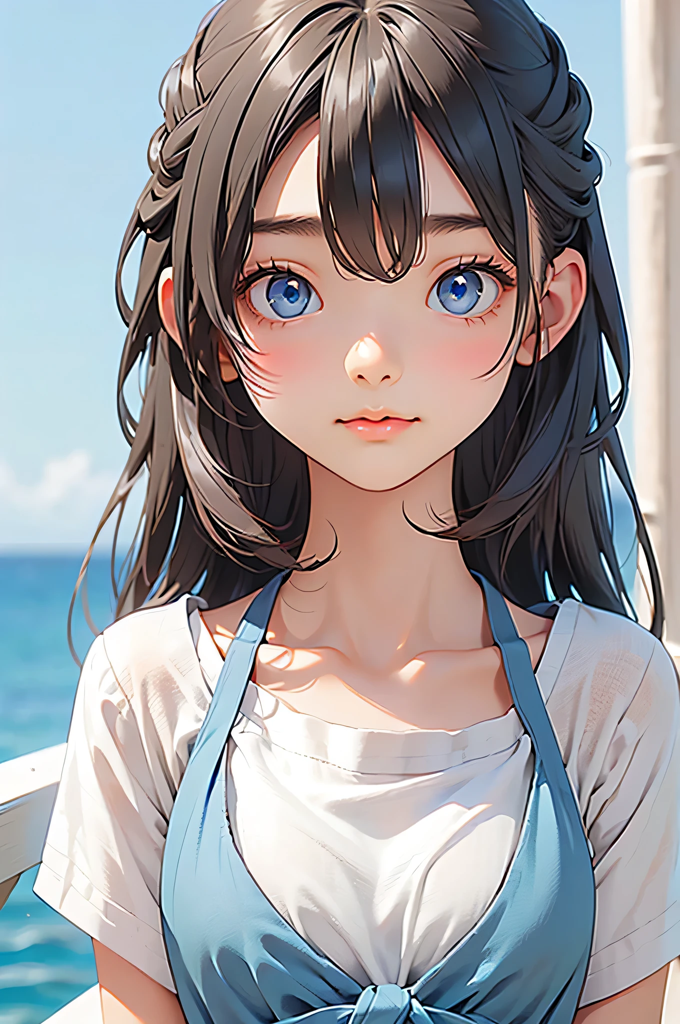 highest quality、Realistic、girl、Silver Hair、Light blue eyes、Long Hair、Light blue dress、Tanned black body、A well-trained body、Tan Skin、Brown black skin、slender、Ocean、Bust Shot