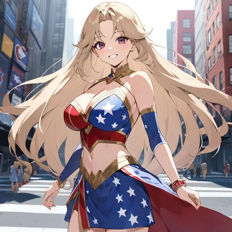 a woman wearing a wonder woman uniform from marvel, uniform with the colors of the united states, beige hair, long hair, burgund...