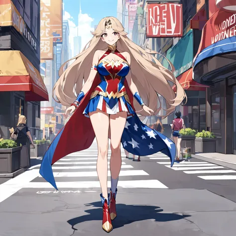 a woman wearing a wonder woman uniform from marvel, uniform with the colors of the united states, beige hair, long hair, burgund...