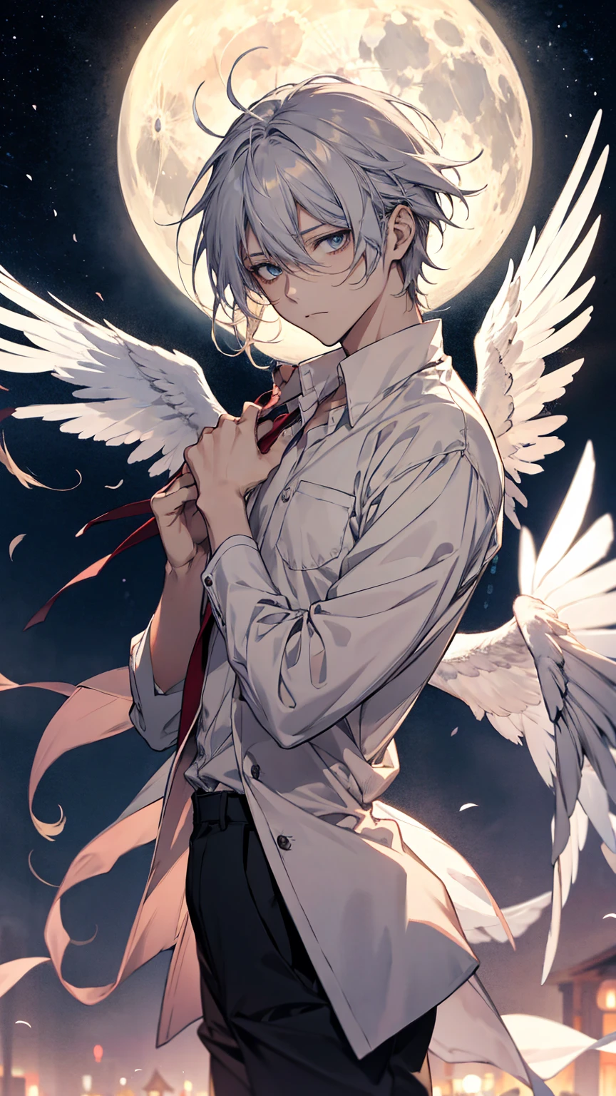 anime character with White Wings and a white shirt, !! takeshi amano!!, Big white glowing wings, l · lawliet, kaworu nagisa, White Wings, Moon Yagami, Natsume Yuujinchou, 全身の雄大なAngel, Angel, Hajime Yatate, Silver Wings, Moon Yagami, young wAngel