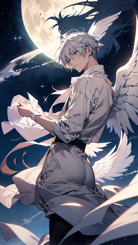 anime character with white wings and a white shirt, !! takeshi amano!!, big white glowing wings, l · lawliet, kaworu nagisa, whi...