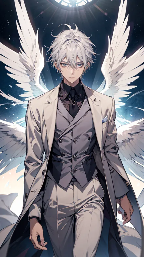Anime-style drawing of a man with white hair and wings, by Shimo, Winged Boy, kaworu nagisa, 低いAngel, inspired by Okumura Togyu,...