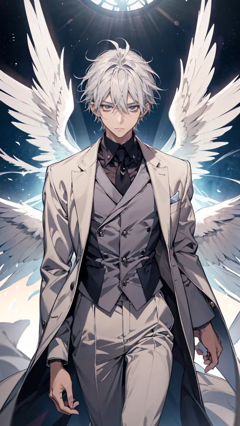 anime-style drawing of a man with white hair and wings, by shimo, winged boy, kaworu nagisa, 低いangel, inspired by okumura togyu,...