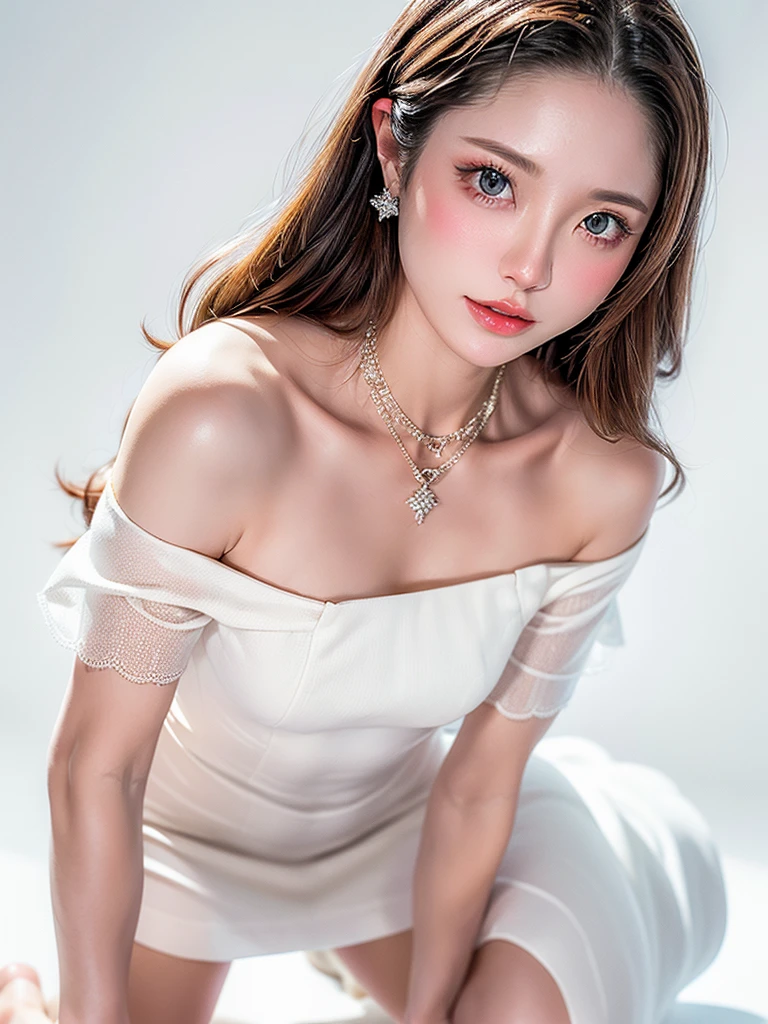 (((white background 2.0)))、Professional Lighting、(((Professional Lighting 1.5)))、Translucent skin texture、Beautiful Skin、Beautiful Skin、、(((Whitening 1.5)))、(((Off-the-shoulder dress 1.5))、(( 1.5)))、(((Long dress 1.5)))、Simple earrings and necklace、(((1.5)))、((1.5)))、Brown Hair、(((Dynamic Pose 1.5)))、(((Kneeling 1.5)))sex appeal、Slim figure、Looking up from below