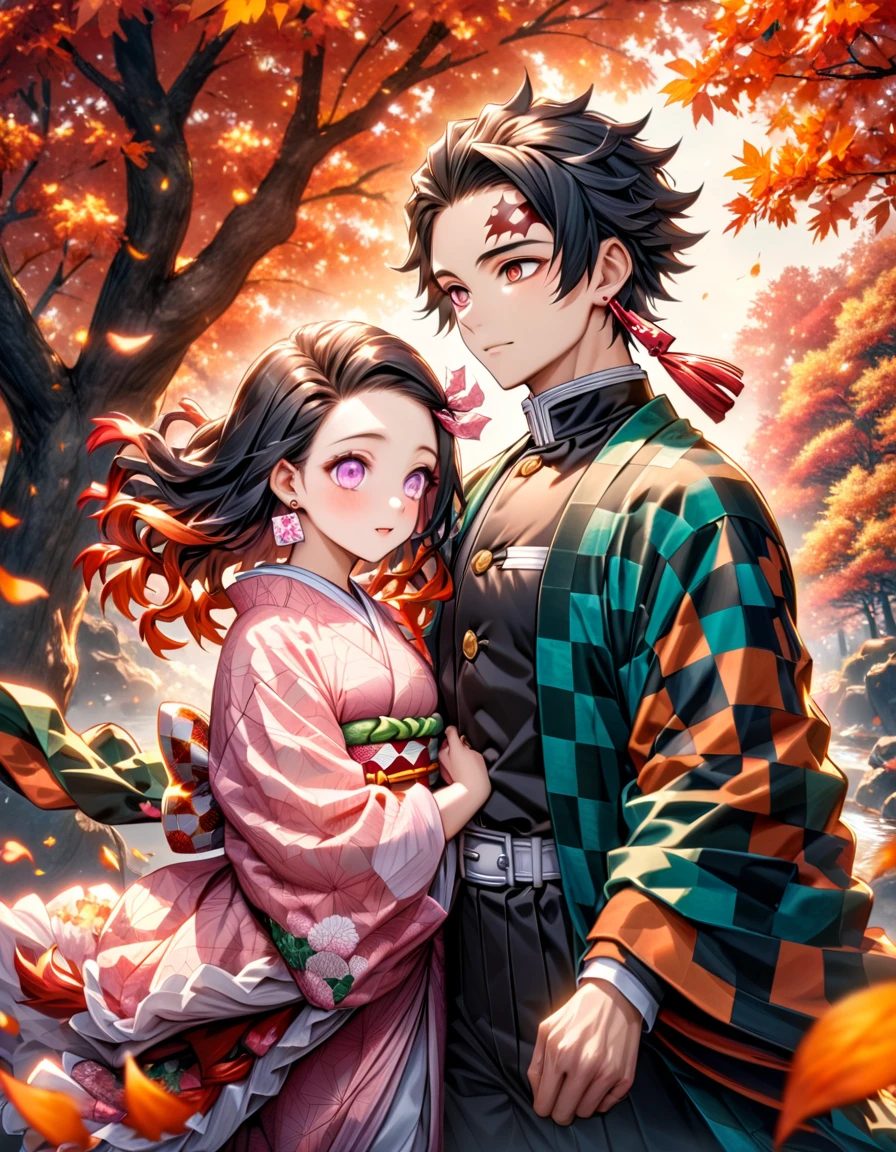 Ultra detailed, highres, absurdres, HDR, master piece, Kamado Tanjirou, ruffled black hair with burgundy tips, short hair, expressive dark red eyes, hanafuda earrings, Kamado Nezuko, black hair, expressive pink eyes, black haori, pink kimono, Kimetsu No Yaiba, autumn, petals, orange and yellow leaves, a handsome man together with a beautiful woman, couple, handsome, demon slayer uniform, green haori, best quality, red mark on his forehead