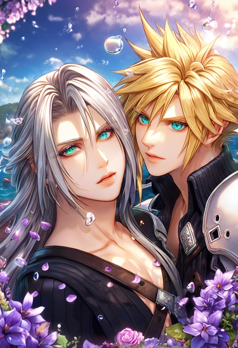 absurdres, highres, ultra detailed, HDR, master piece, best quality, extremely detailed, Sephiroth, gray hair, expressive green eyes, Final Fantasy VII remake, Cloud Strife, blonde hair, expressive blue eyes, two men together, gay couple, yaoi, handsome, black clothes, fantasy, magical, water, glass, purple petals, purple flowers, purple butterflies, purple petals