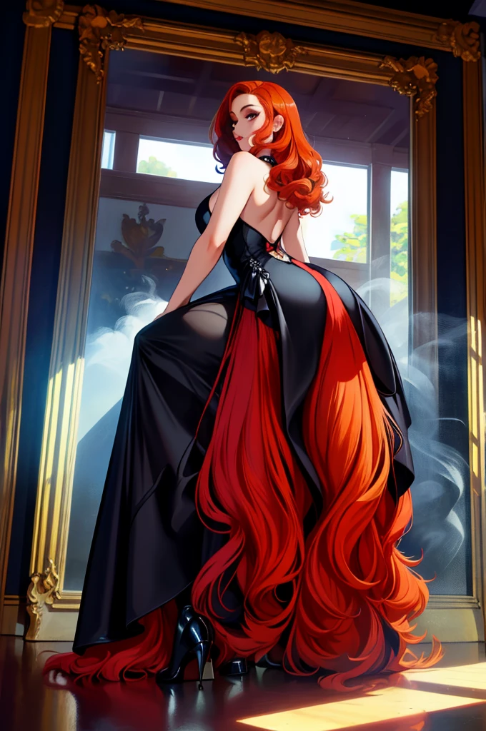 (work of art),(best qualityer),(ultra detali),(Best illustration),(best shade),(absurderes),(detailed back ground), full body shot shot, women, long redhead hair, 1950s, black gown, make up, Club history from the 1950s, chic, cigar, smoke, sitting down,