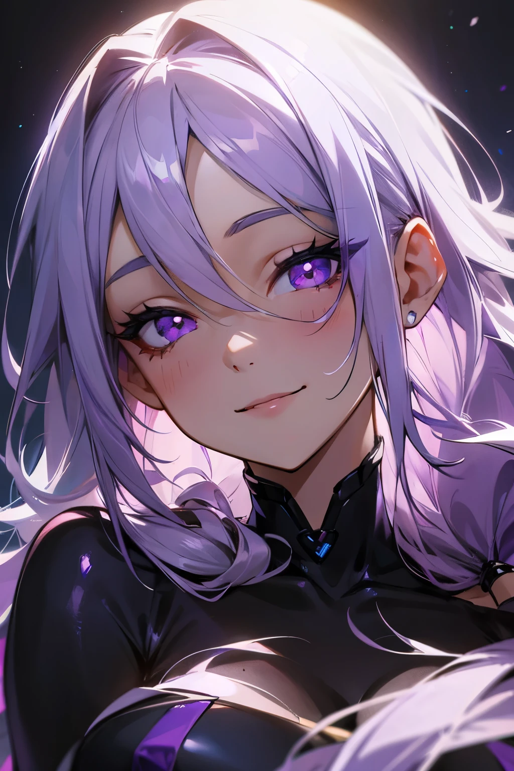 silver hair, (purple eyes:1.3), blue eyes, smiling face, celebrating, skin realistic, eyes shiny, hair detailed, beautiful illustration,(long hair:1.3), night,