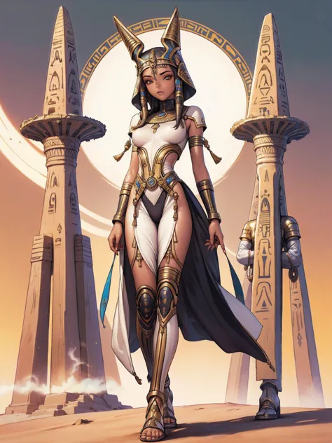 egyptian princess, Futuristic Egyptian costumes, Egyptian headdress in the shape of a cobra serpent, ((( white tribal paint on t...
