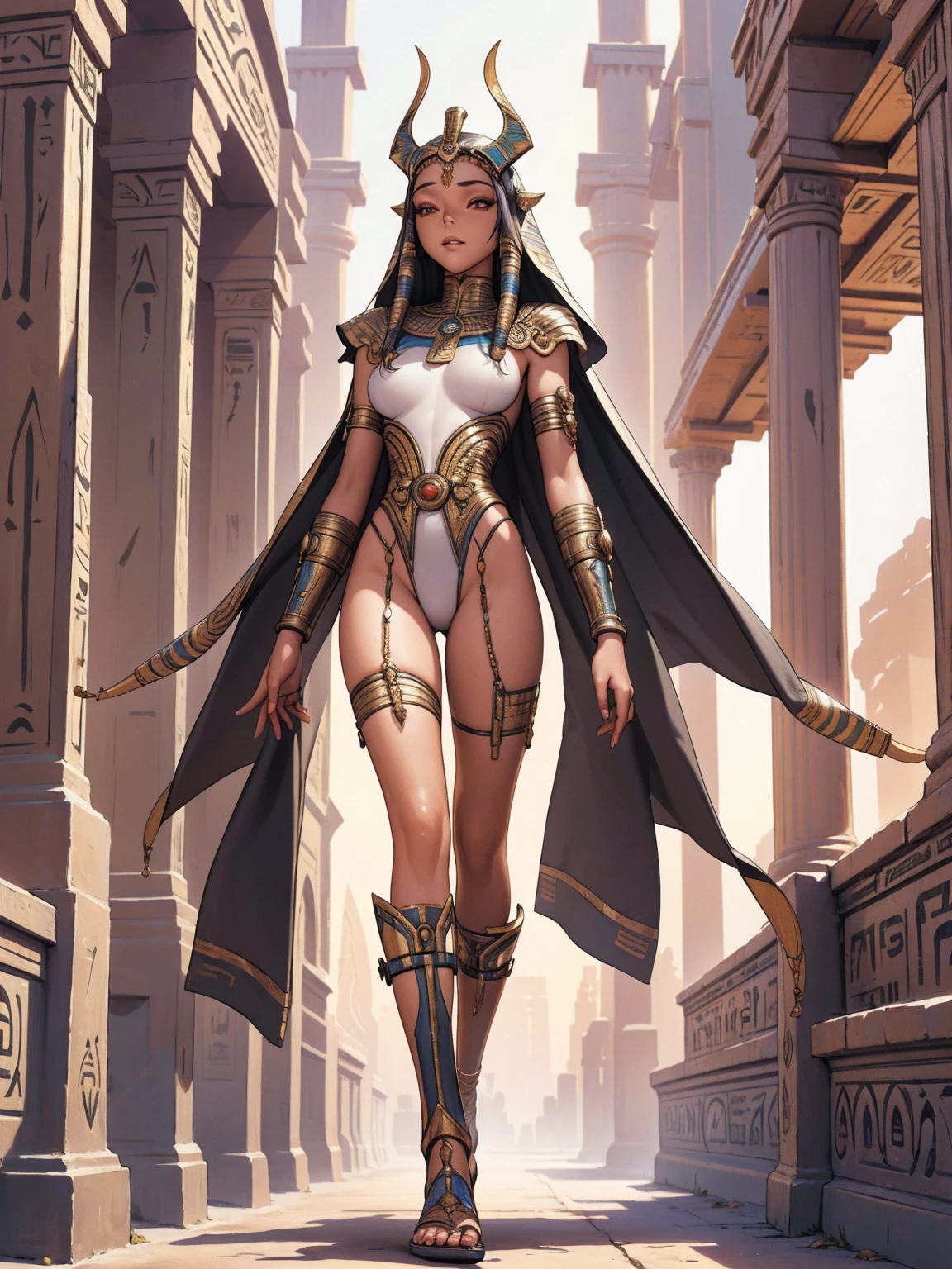 egyptian princess, Futuristic Egyptian costumes, Egyptian headdress in the shape of a cobra serpent, ((( white tribal paint on the skin ))), (((best qualityer))), (((perfectbody))), (((1girl))), Beautiful African American woman, (((walking forward))), (((Pharaoh))), (((glossy black skin))), (((fully body))), (((dental floss))), (((Egyptian afro girl))), (((coxas nuas))), (((DuneWalker))), high collar, digitalpainting, matte red, Digital illustration, extreme detail, digitl art, 4K, ultra HD. Your skin is deep, rich colour