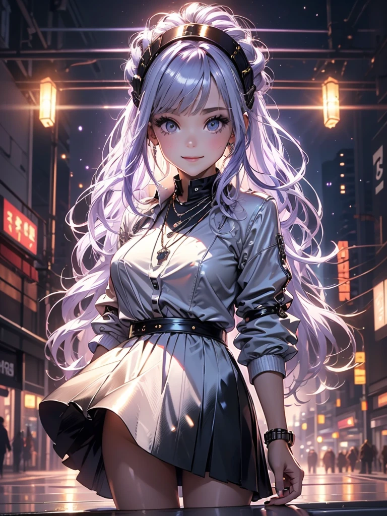 艺术品,1 名女孩,独自站着, 轻松微笑, 金属项链, 白衬衫, 现代的 , 配件, 紫色和黑色的双色头发, 独特的发型, 时髦, 黑色背景