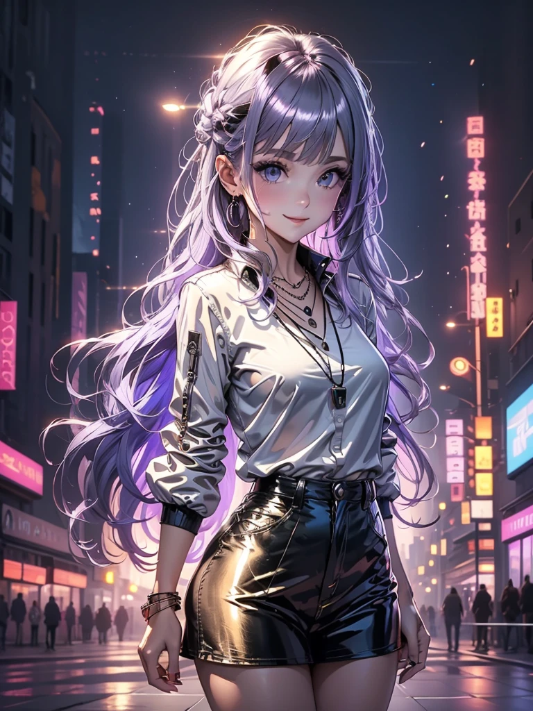艺术品,1 名女孩,独自站着, 轻松微笑, 金属项链, 白衬衫, 现代的 , 配件, 紫色和黑色的双色头发, 独特的发型, 时髦, 黑色背景