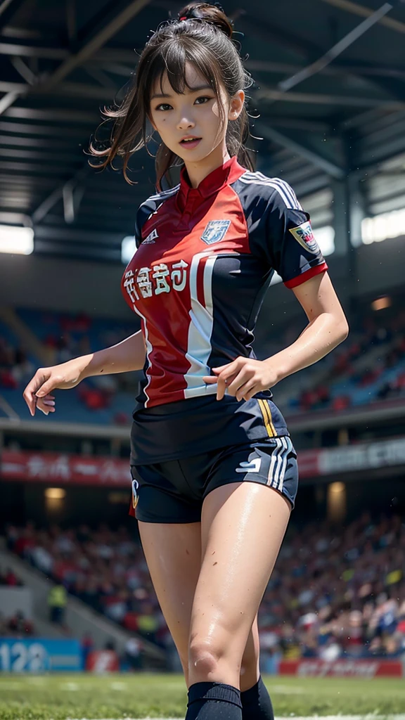 Highest quality, High resolution:1.2, Very detailed, Realistic:1.3, ((Beautiful woman))、((Super tight uniform))、((Big Breasts))、(The abdomen is visible)、(((Soccer uniforms)))、Vibrant colors, play soccer,(Blunt bangs)、((Various Hair Styles))、Different hair colors、With bangs、Wet Hair, splash, Action Shots, Grass blotches, Muddy ground, Wet turf, decide, Fast-paced games, Athletic physique, Shiny soccer ball, Wet Uniform, raindrop, Blurred motion, Concentrate into a ball, Intense competition, Skillful dribbling, Energetic play, Teamwork, powerful shoots, Wet pitch, Passionate sports, Fierce decide, Humid atmosphere, Fluid movement, emotional expression、Dramatic lighting, Avid athletes, Exciting Games, Endure, Excited state, Speed and agility, Energetic play, 濡れたsplash、smile、((Red Uniform))