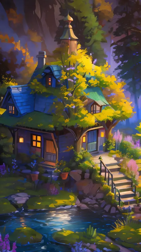 fantacy, green, blue, and orange color base, high fantacy settings, beautiful fantasy house in the valley 