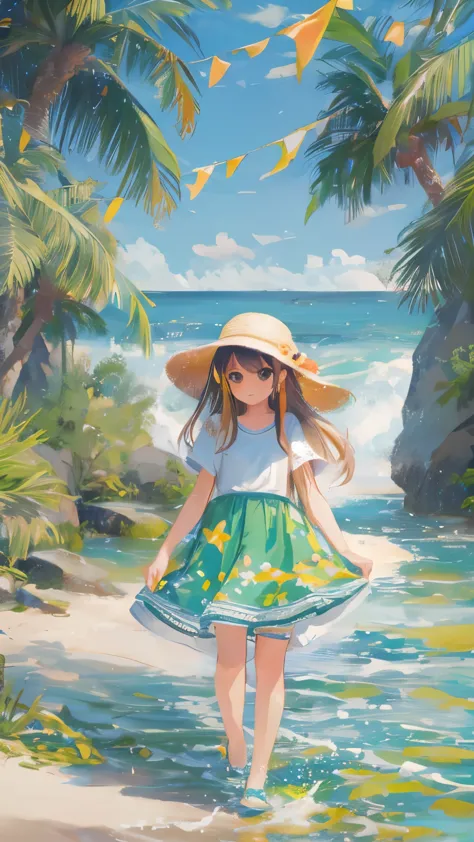 fantacy, green, blue, and orange color base, high fantacy settings, beach and ocean, girl wearing skirt and shirt, (painting).
