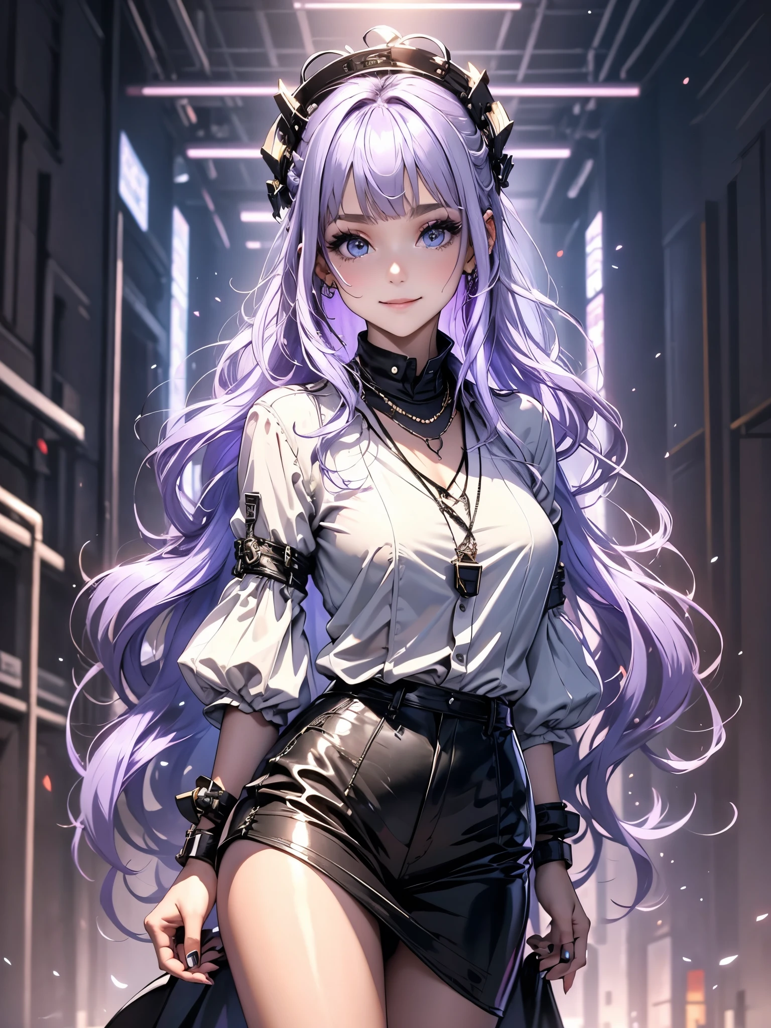 work of art,1 girl,standing alone, drlight smile, Metallic Necklace, white  shirt, modern , Accessories, two-tone hair color in purple and black, unique hairstyle, fashionable, black backdrop