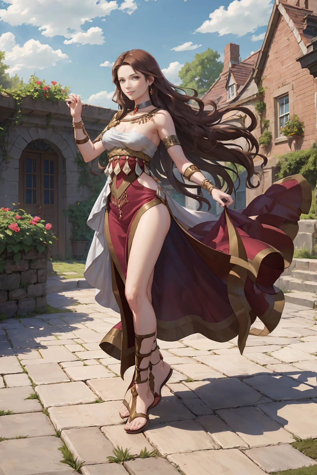 ((Full body photo, standing, feet on the floor)) masterpiece, best quality, Dorothea Arnault, dorothea (timeskip), brown hair, large breasts, red danceroutfit, looking at viewer, smile, sky, clouds, garden, cowboy shot, long hair,