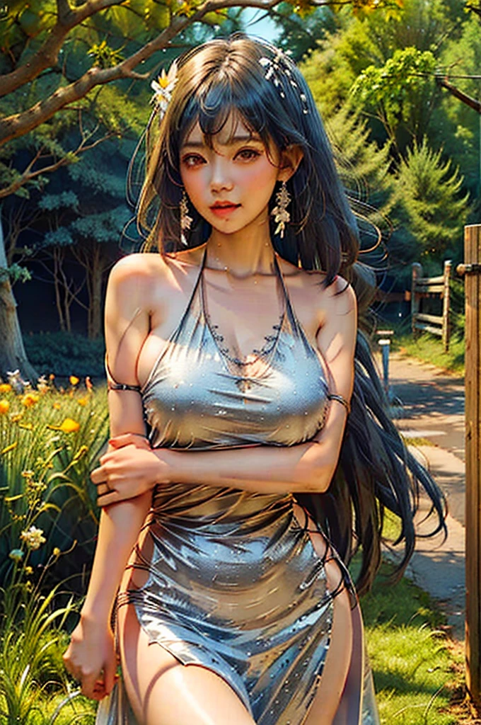 (nsfw),white long dress, sexy dress,floral print, china dress, 1girl, long hair, bare shoulders, bare arms, thighs,((gigantic breasts, sideboob)), upper body, (masterpiece, high quality, best quality), (colorful),(delicate eyes and face), volumatic light, ray tracing, bust shot ,extremely detailed CG unity 8k wallpaper,solo((flying petal)),(Flowery meadow) sky, blue sky, sunny, light, fantasy, windy, magic sparks, outdoors, park, trees, flowers, lake,